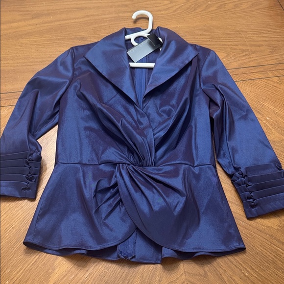 Tadashi Shoji Tops - Tadashi Shoji Iridescent Blue Twist Front Peplum Faux Wrap Collar Blouse 12 NWT